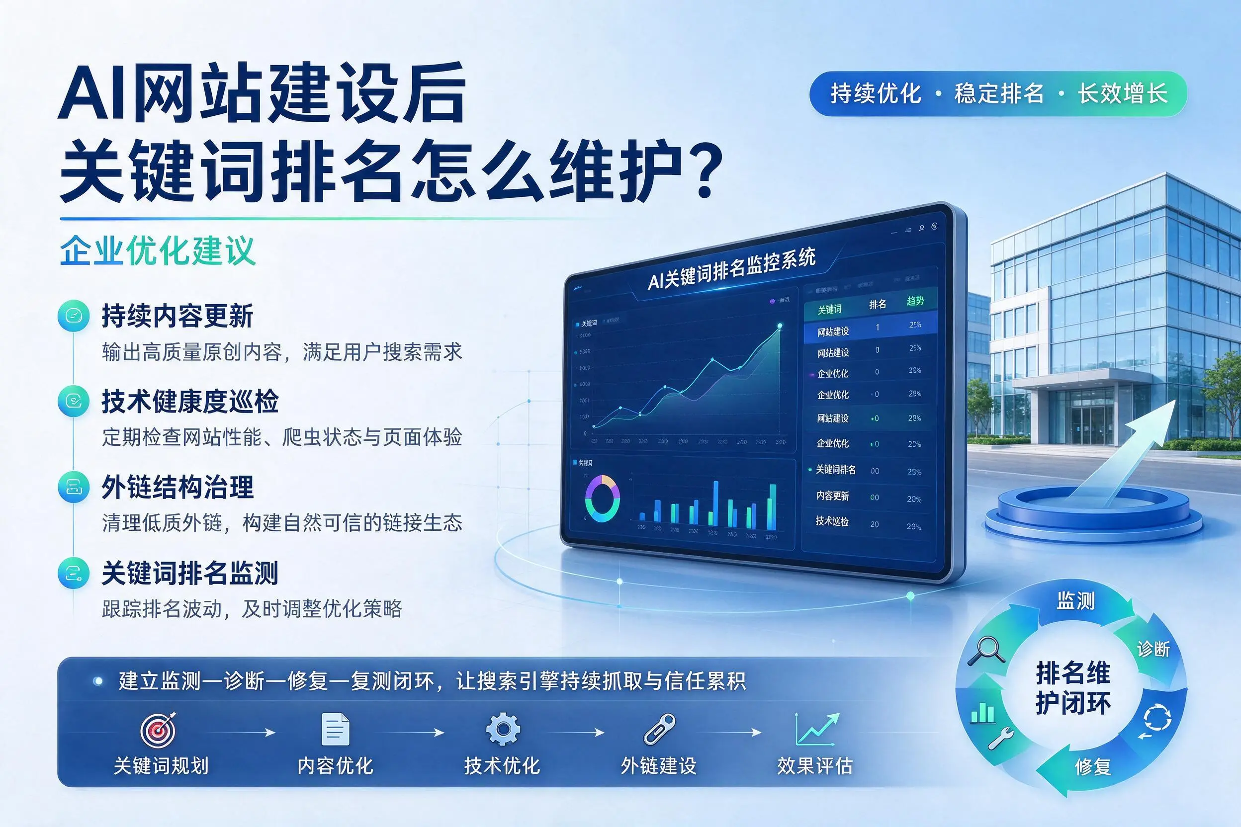 AI网站建设后关键词排名怎么维护？呼和浩特企业优化建议